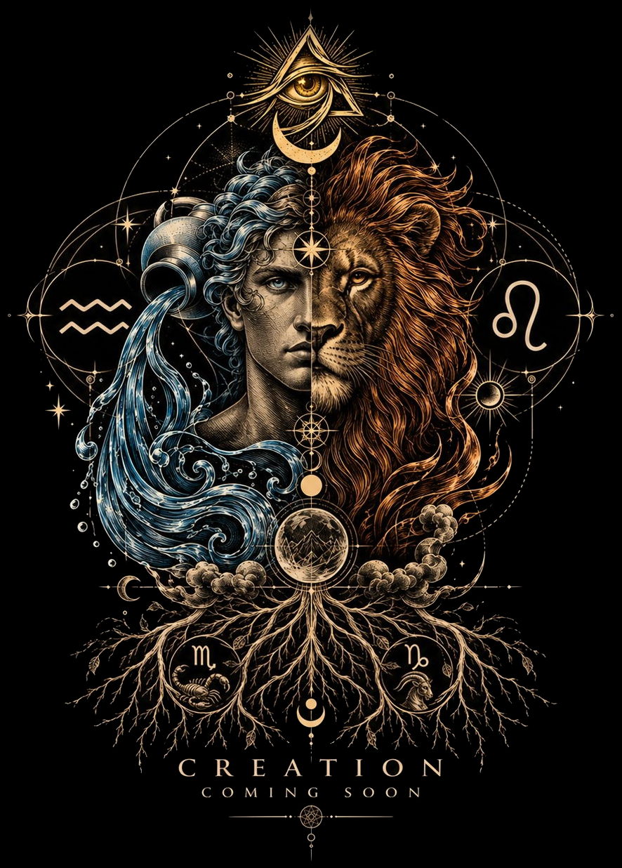 Tattoo-style emblem: one figure split down the middle. The left half is a human water-bearer for Aquarius, hair and robe dissolving into blue waves poured from an urn. The right half is a lion with a fiery golden mane for Leo. Around them sit the Aquarius and Leo glyphs, an all-seeing eye, moon phases, clouds, stars and spreading roots holding the Scorpio and Capricorn glyphs, above the words Creation Coming Soon.