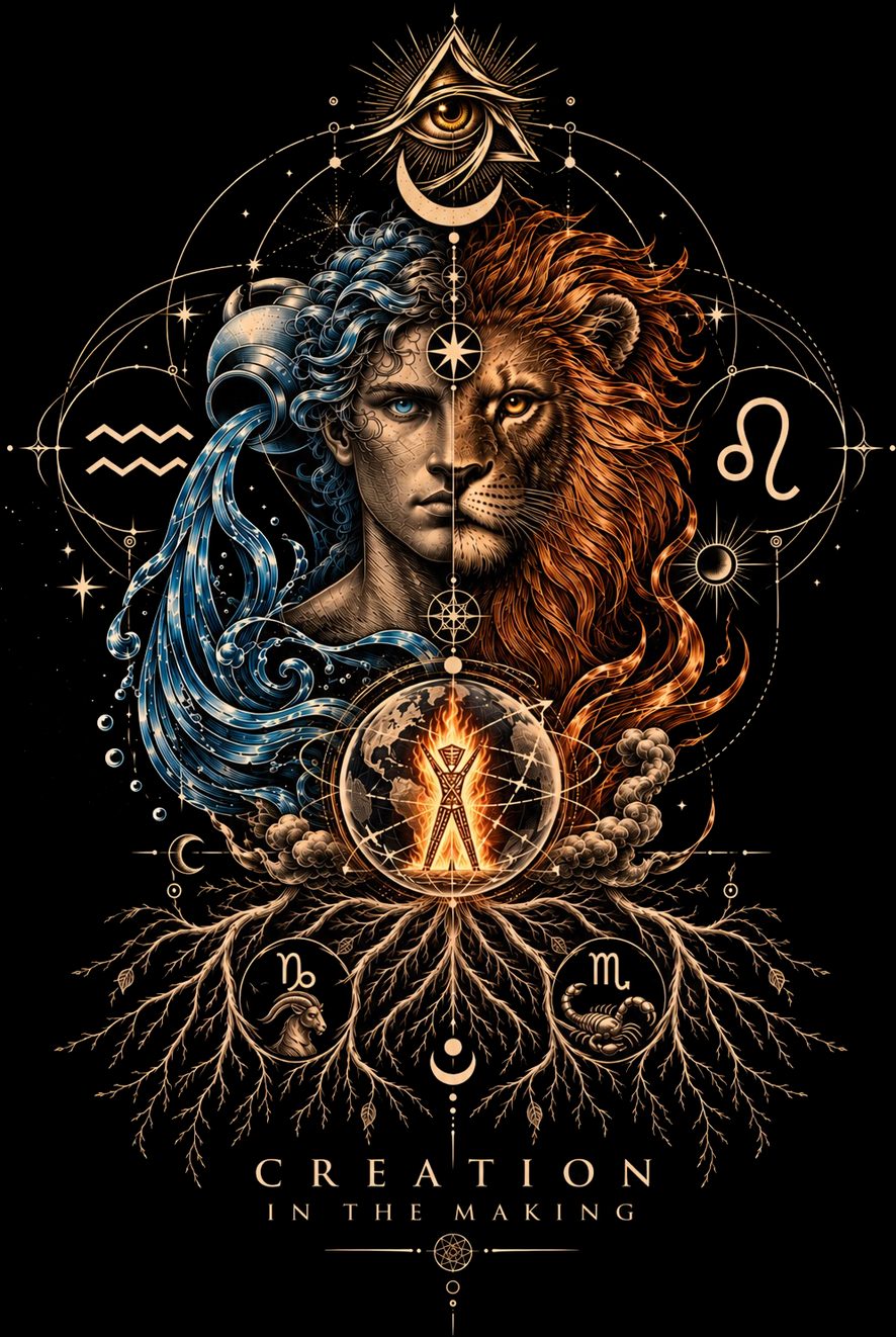 Tattoo-style emblem in gold on black: one face split down the middle. The left half is a human water-bearer for Aquarius, hair unravelling into blue waves poured from an urn; the right half is a lion with a fiery mane for Leo. An all-seeing eye in a triangle crowns the composition, the Aquarius and Leo glyphs sit to either side, a burning human figure stands inside a glass globe at the centre, and roots spread below holding the Capricorn and Scorpio glyphs above the words Creation in the making.